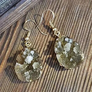 Druzy Agate Teardrop Earrings Gold Plated Pale Yellow